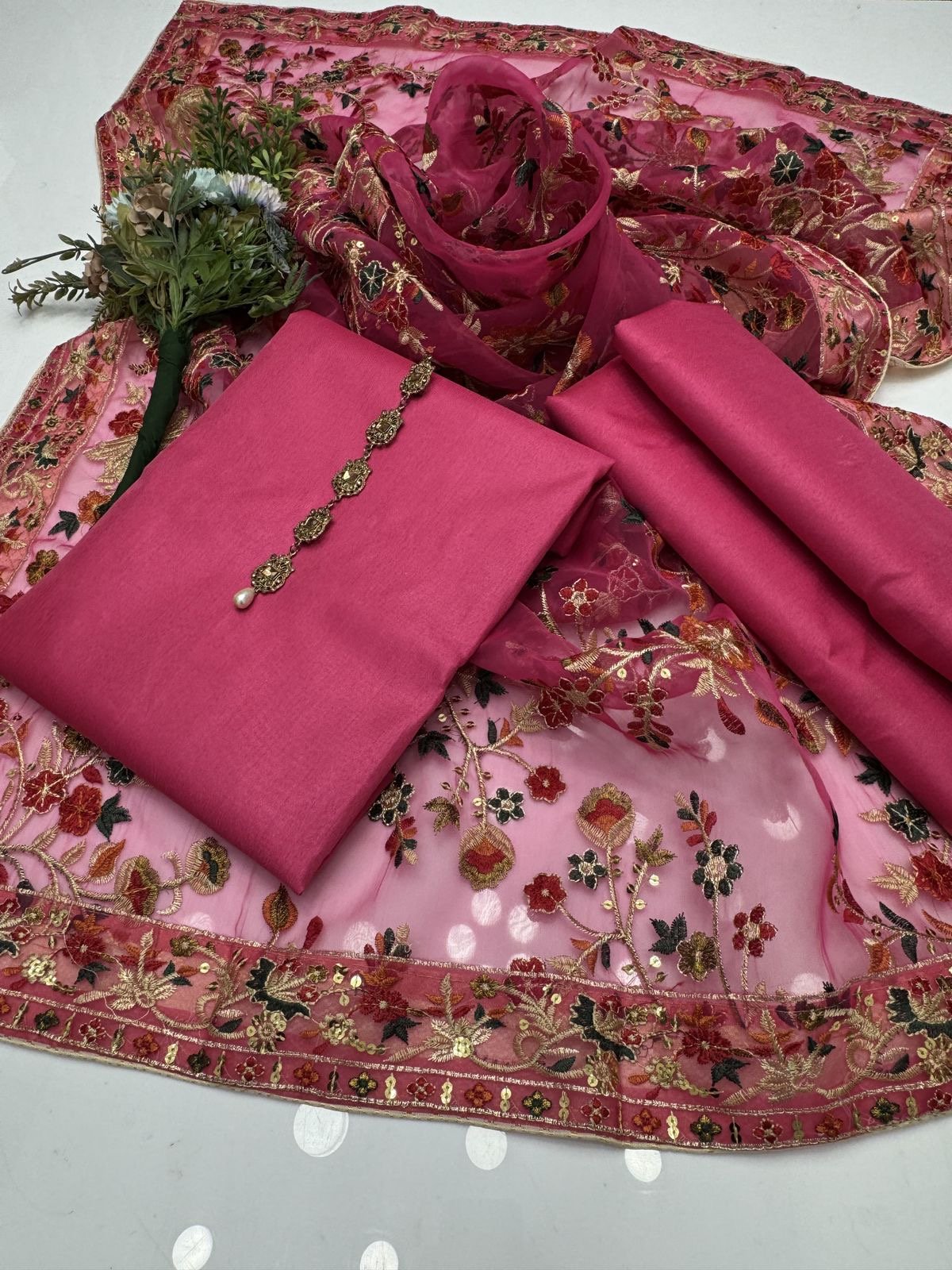 Fancy Qatan Silk With Organza Heavy Dupatta 3pc Dress - Image 8