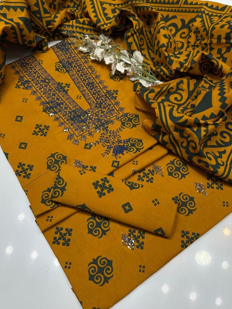 Lawn Block Print + Embroidered 3PC Dress - Image 11