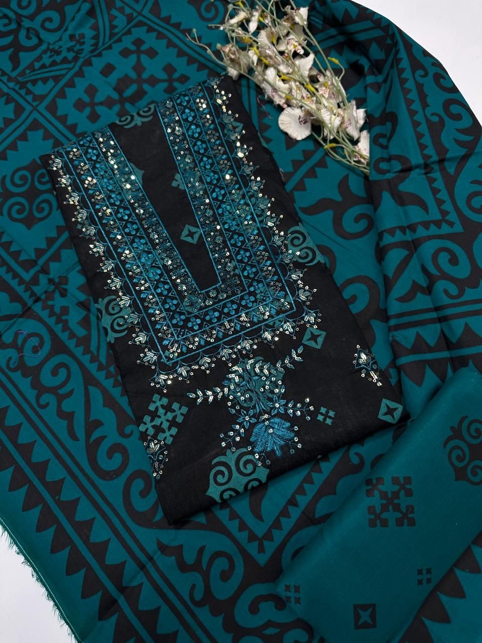Lawn Block Print + Embroidered 3PC Dress - Image 9