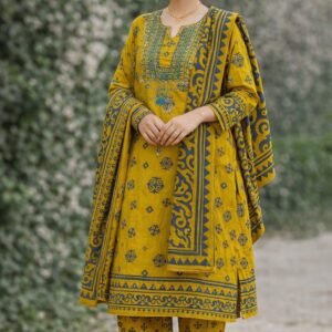 Lawn Block Print + Embroidered 3PC Dress