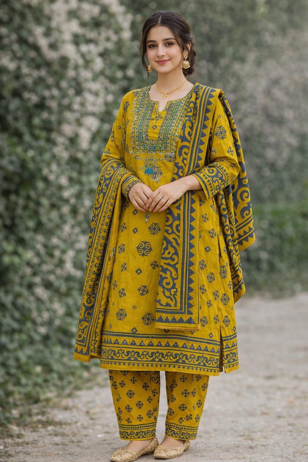 Lawn Block Print + Embroidered 3PC Dress