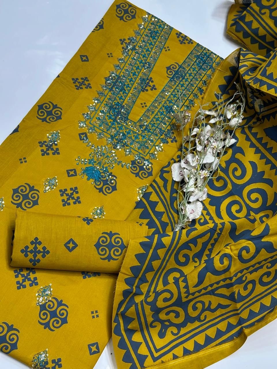 Lawn Block Print + Embroidered 3PC Dress - Image 10