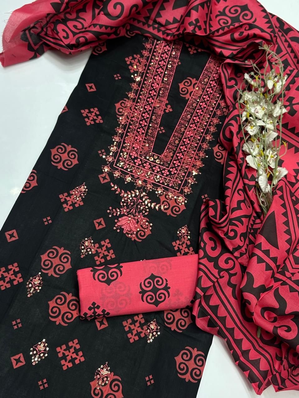 Lawn Block Print + Embroidered 3PC Dress - Image 7